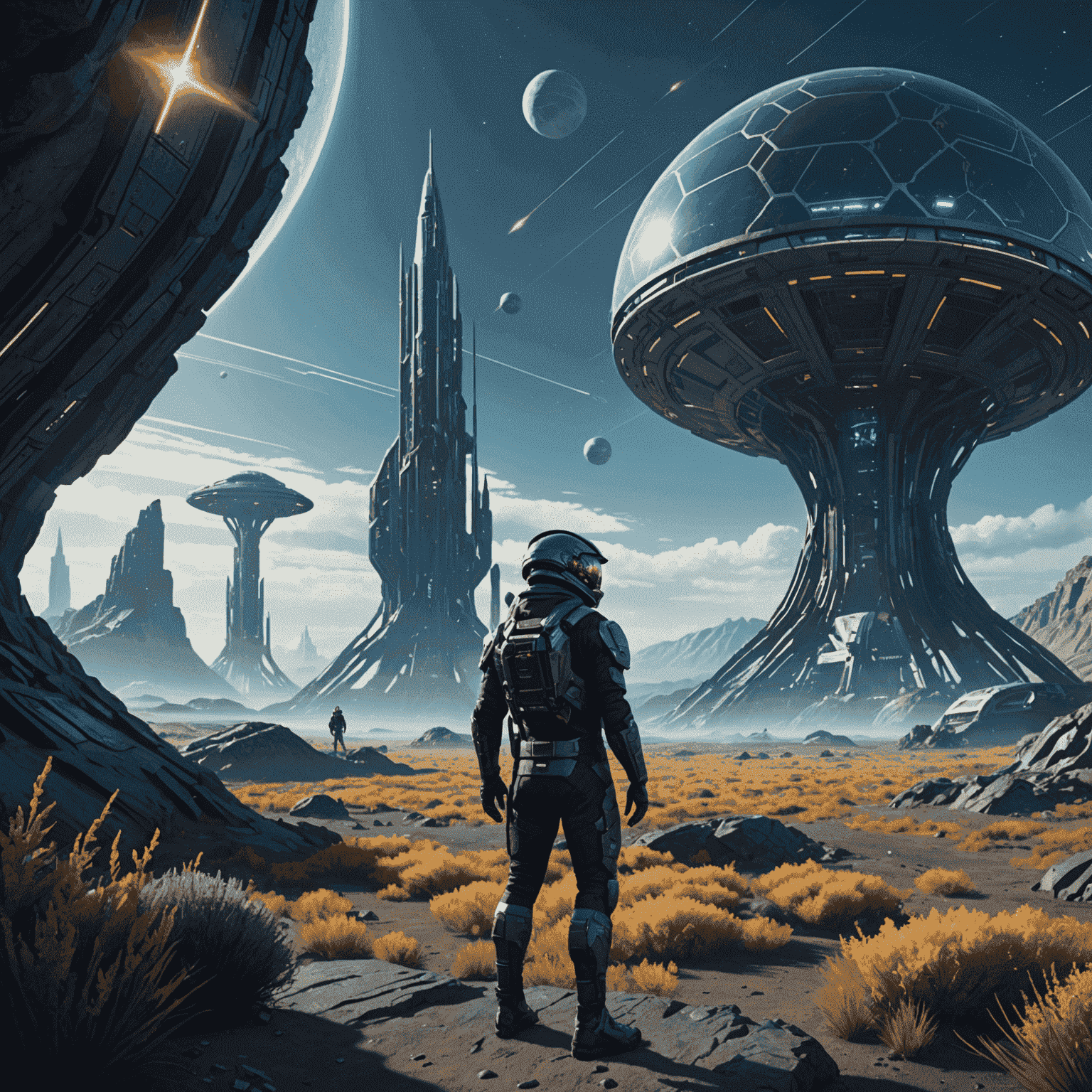 A screenshot from the upcoming sci-fi RPG Starfield, showing a character exploring a detailed alien landscape with futuristic structures in the background.