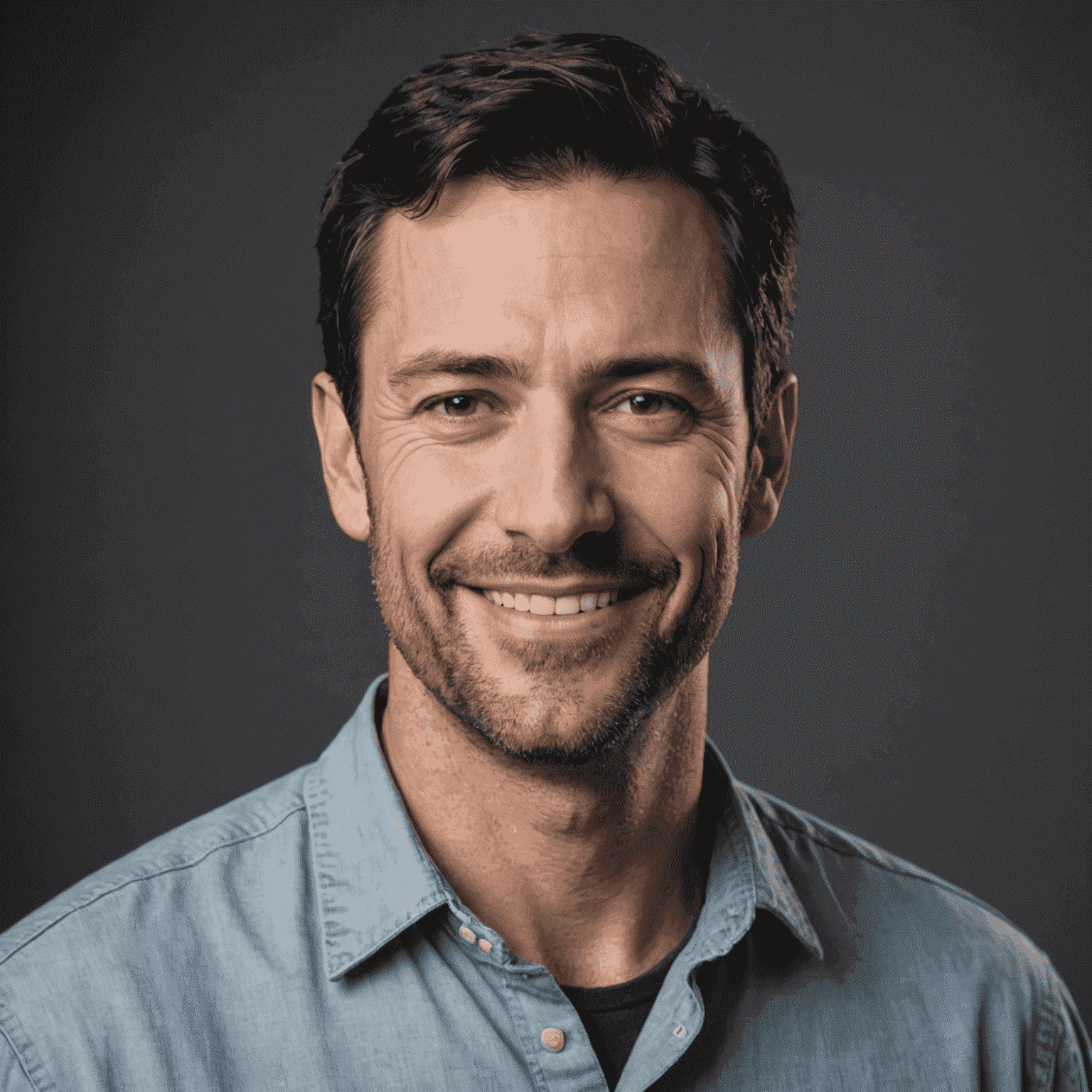 Portrait of a male author, a man in his early 40s with short black hair and a friendly smile