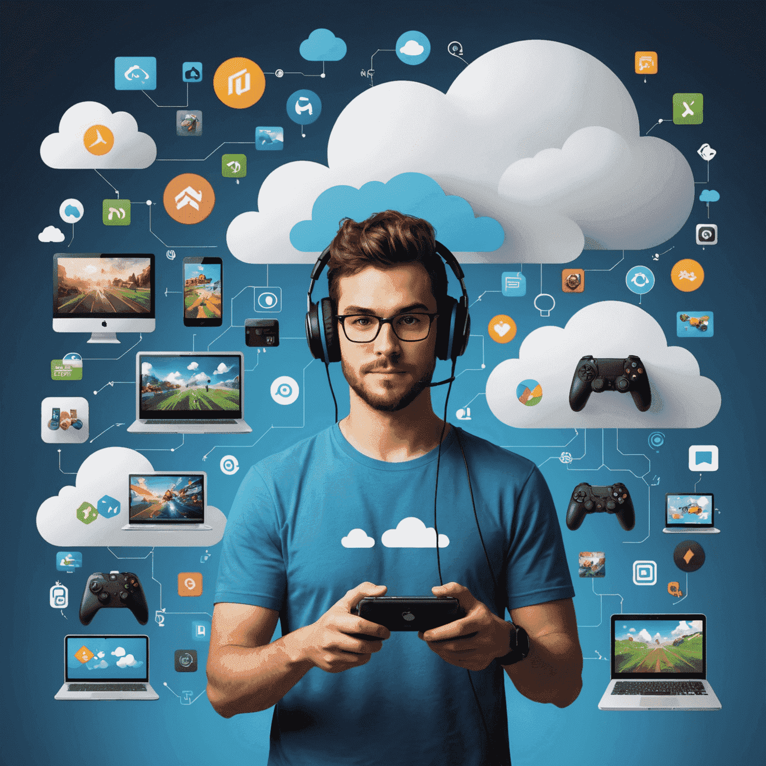 An illustration depicting a gamer accessing a variety of games through a cloud-based platform, with icons representing different devices and a stylized cloud in the background.