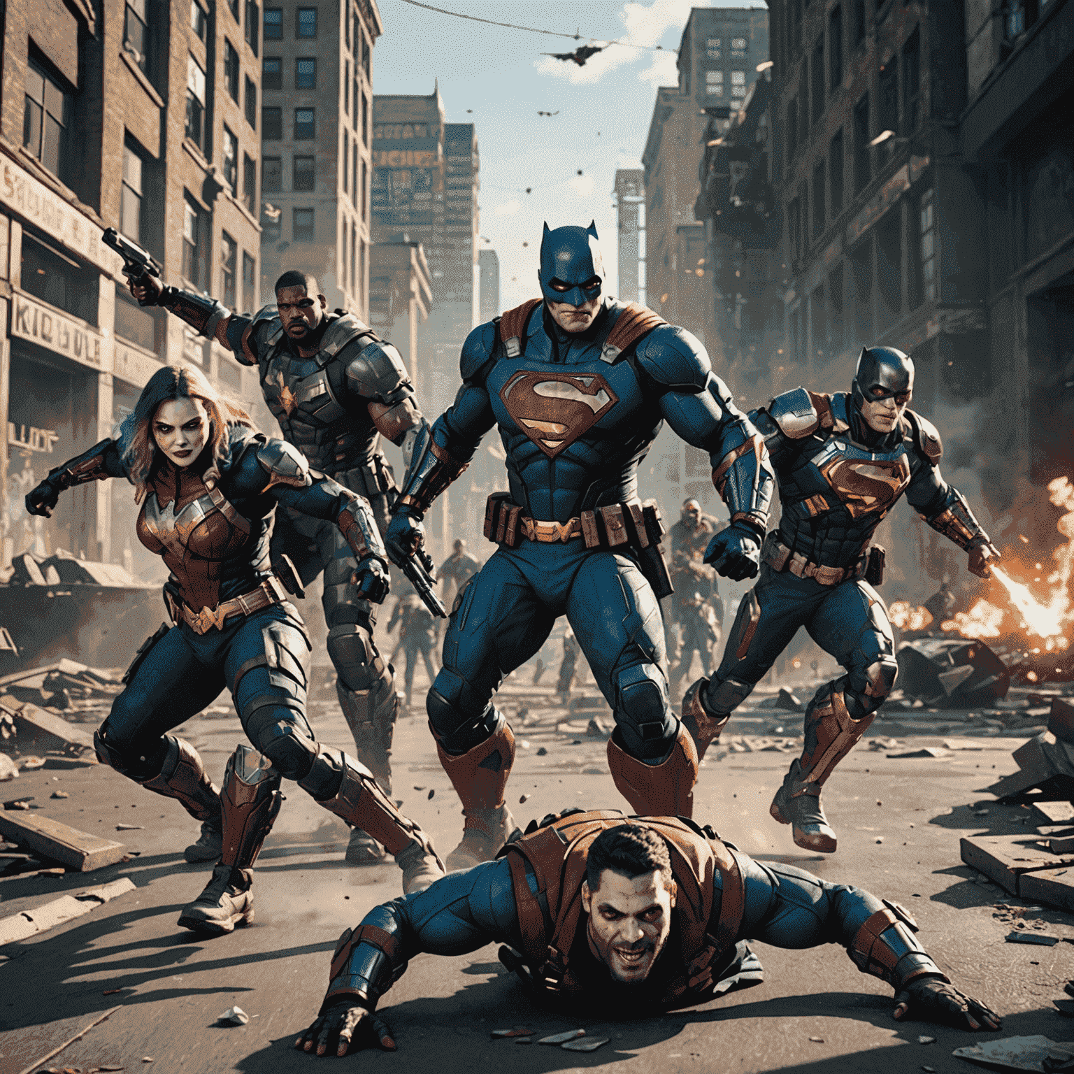 A screenshot from the upcoming action game Suicide Squad: Kill the Justice League, depicting the ragtag group of anti-heroes battling against a corrupted Superman in a detailed, destroyed cityscape.