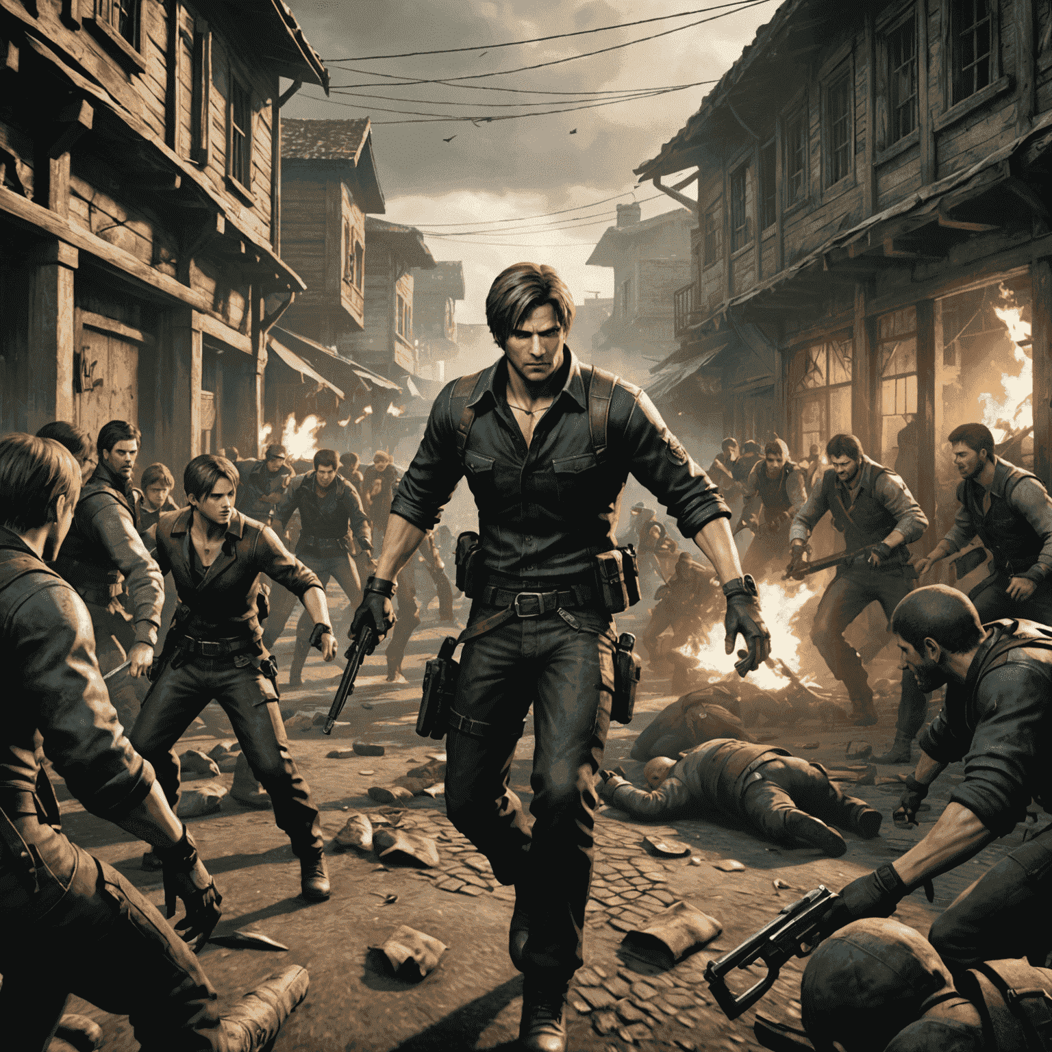 A screenshot from the Resident Evil 4 remake, showing Leon S. Kennedy fighting off hordes of parasitically-controlled villagers in a tense, atmospheric village setting with high-fidelity graphics.